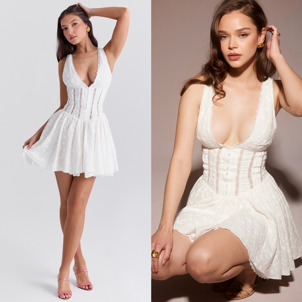 House Of CB 'Serita' White Cotton Broderie Anglais Plunge Mini Dress